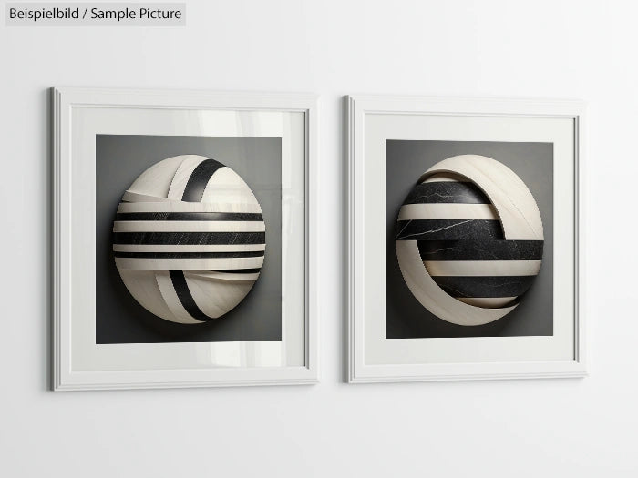 Two framed geometric art pieces with black and white striped circular designs on a white wall.