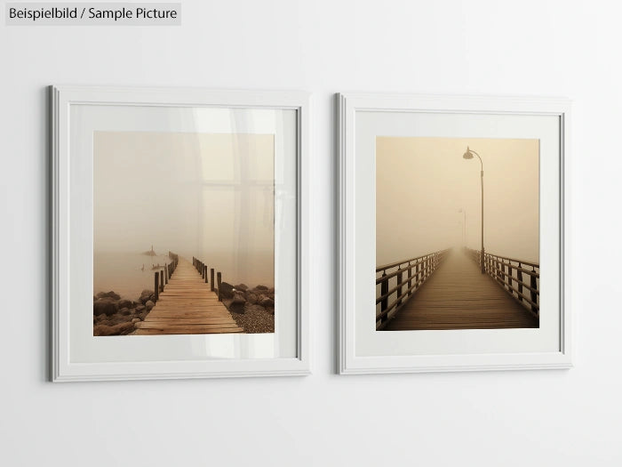 Two framed photographs of foggy boardwalks, one with rocky shoreline, hung on a white wall.