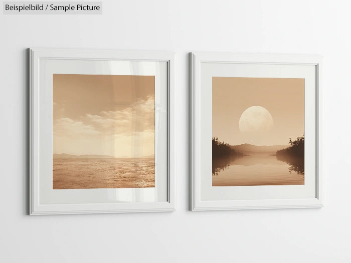 Two framed sepia-toned landscape photographs on a white wall, featuring sea and moonlit lake scenes.