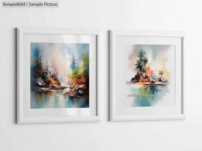 Two framed abstract paintings with soft colors, depicting serene landscapes with trees and water reflections.