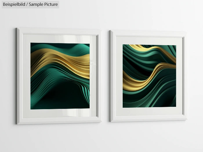 Two framed abstract artworks with green and gold wave patterns on a white wall.