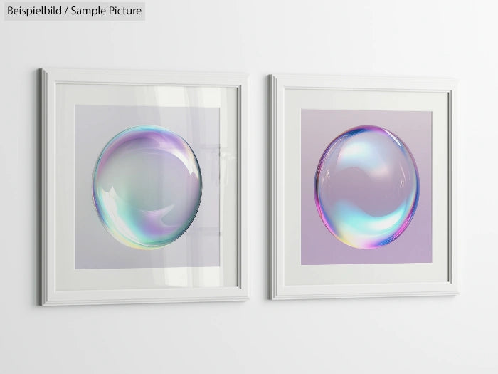 Two framed abstract art prints featuring colorful, iridescent bubbles on a neutral background, displayed on a white wall.