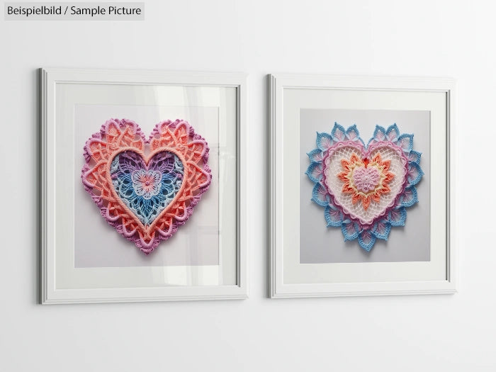 Two framed heart-shaped crochet artworks in pink and blue on a white wall.