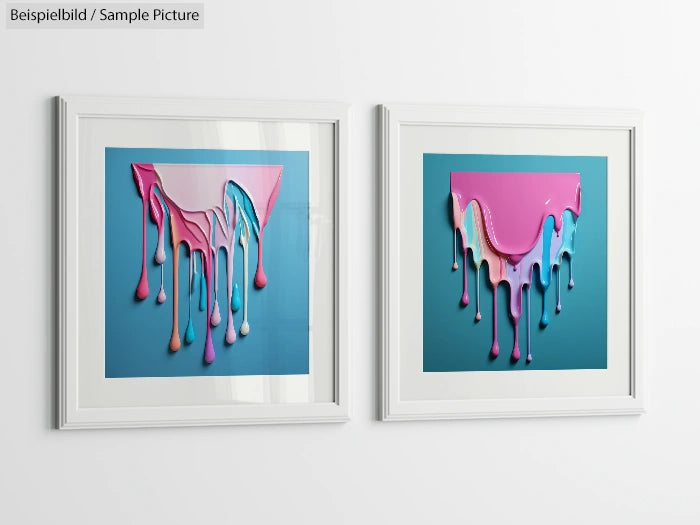 Two framed abstract paintings with vibrant pink, blue, and purple paint drips on a blue background.