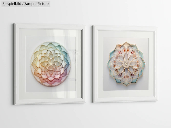 Two framed geometric artworks with floral patterns, in soft pastel colors, displayed side by side on a white wall.