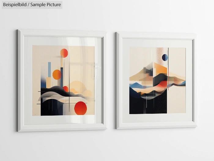 Two framed abstract paintings with geometric shapes and earthy tones on a white wall.