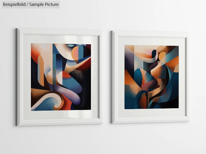 Two abstract paintings with blue, orange, and beige swirls in white frames on a white wall.