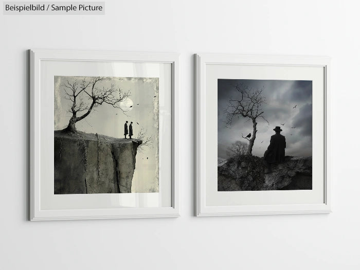 Two framed artworks on a wall featuring surreal landscapes with trees and human figures.