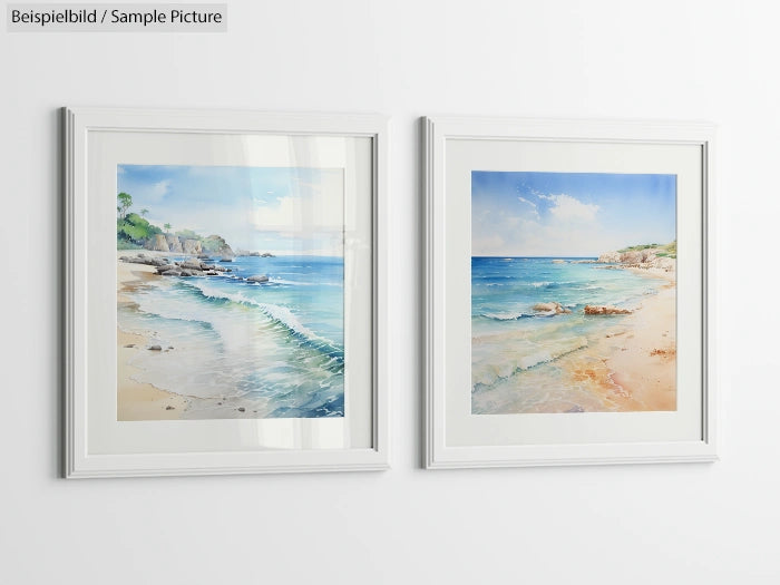 Two framed coastal watercolor paintings of sandy beaches on a white wall.