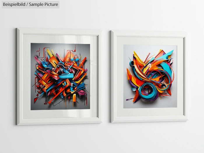 Two framed abstract 3D art pieces with vibrant geometric shapes on a white wall.