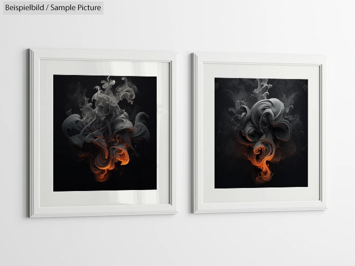 Two framed abstract artworks featuring swirling smoke patterns in warm and cool tones on a white wall.