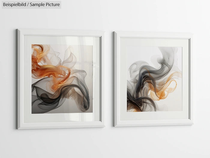 Two abstract fluid art paintings in frames; one with orange and black swirls, the other with gray and black swirls.