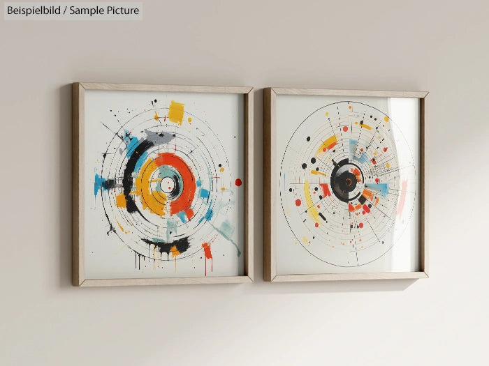 Two framed abstract paintings with colorful circular patterns on a light wall.