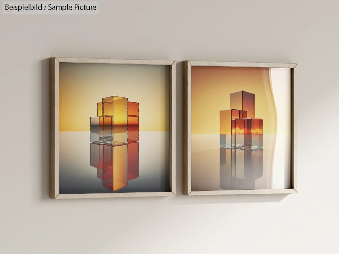 Two framed artworks of abstract geometric glass structures on a wall, reflecting warm light and colors.