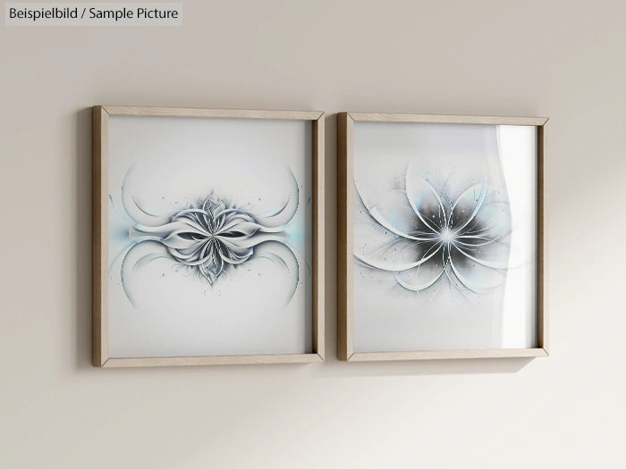 Two abstract art pieces with intricate grey and blue patterns in wooden frames on a beige wall.