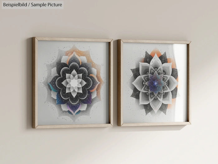 Two framed mandala art prints on a wall, with intricate geometric designs in black, white, and hints of color.