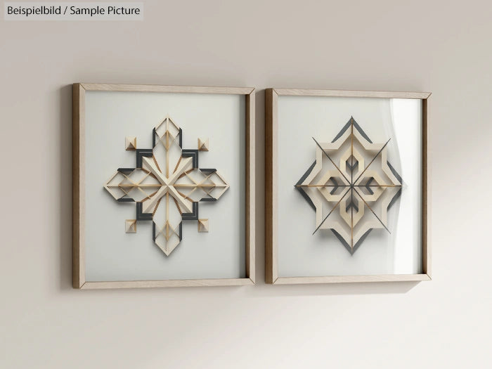 Two framed geometric paper art designs with star patterns in neutral tones, mounted against a light wall.