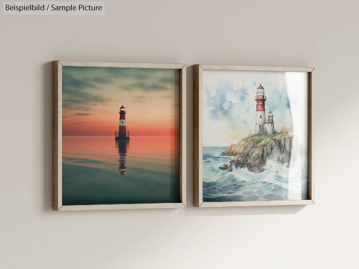 Two framed lighthouse images depicting serene sunset reflection and a lighthouse on rocky coast in watercolor style.