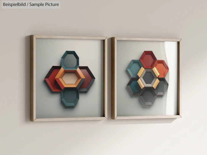 Two framed artworks with hexagonal 3D patterns in various colors on a white wall.