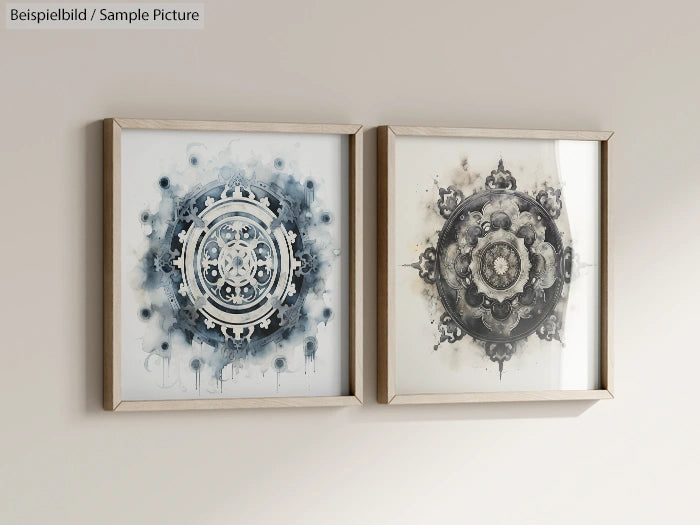 Two framed abstract mandala-style artworks on a beige wall, featuring intricate circular patterns in blue and gray tones.