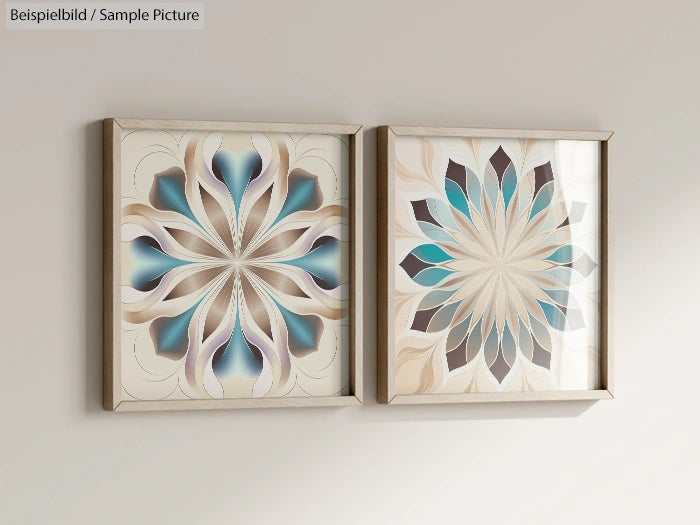 Two framed abstract artworks with floral patterns in beige, blue, and brown, displayed on a wall.