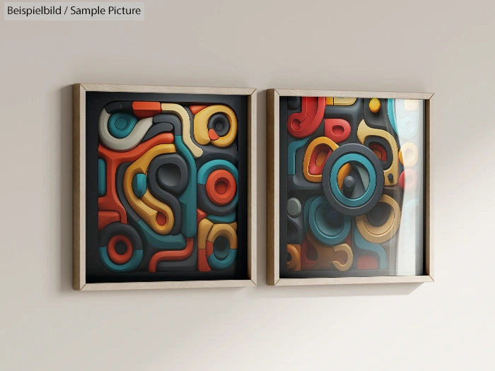 Two abstract art pieces with colorful, geometric shapes in shades of red, blue, yellow, and beige, framed and hung on a wall.