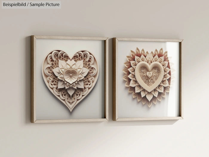 Two framed paper art heart designs with intricate floral patterns on display.