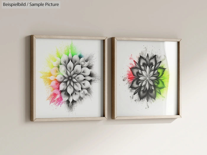 Two framed black and white flower illustrations, one with pink and green splashes, the other with red and green accents.