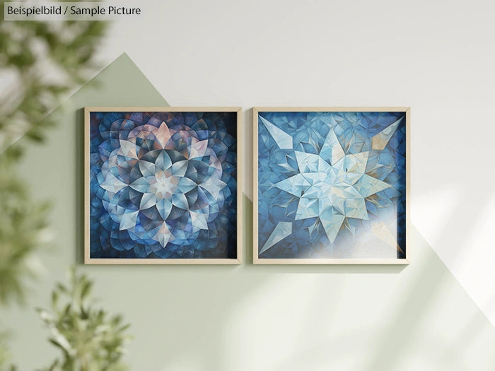 Two framed geometric mandala art pieces in shades of blue on a minimalist background with leafy shadows.