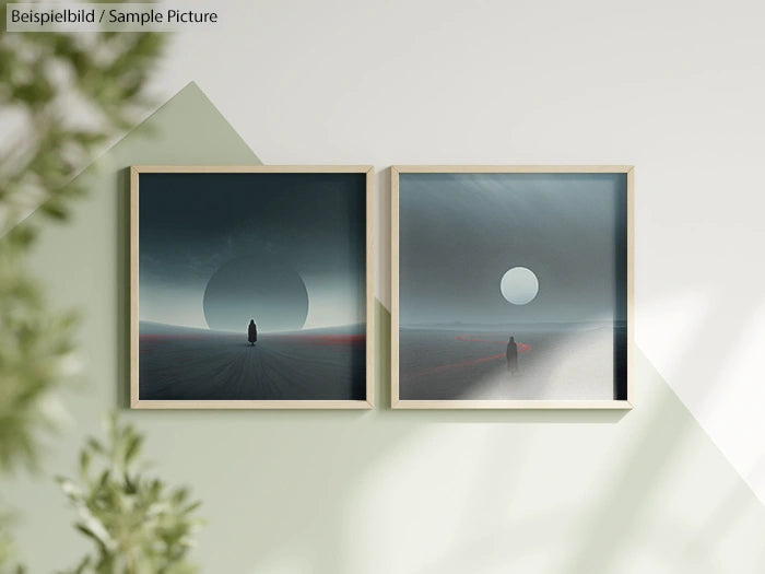 Two framed abstract art pieces with dark circular shapes, hanging on a light green wall with a plant nearby.