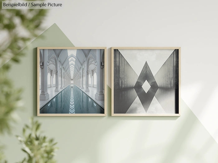 Two framed artworks on a wall; one features an architectural hallway, the other a geometric diamond shape.