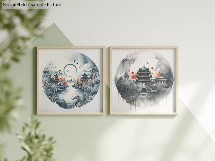 Two framed abstract paintings of pagodas with nature motifs on a light green and white wall.