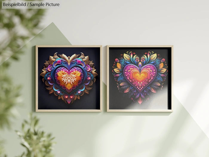 Two framed vibrant heart illustrations on a light green wall, featuring intricate patterns and lively colors.