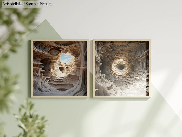 Two framed abstract artworks with tunnel-like designs in earthy tones, displayed on a wall with light and shadow play.