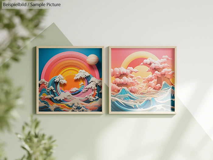 Colorful abstract wave artwork with planets in pastel frames on a light green wall.