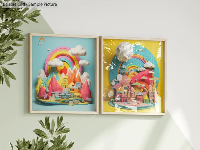 Colorful 3D artwork with rainbows, mountains, and clouds in wooden frames, set against a decorative wall.