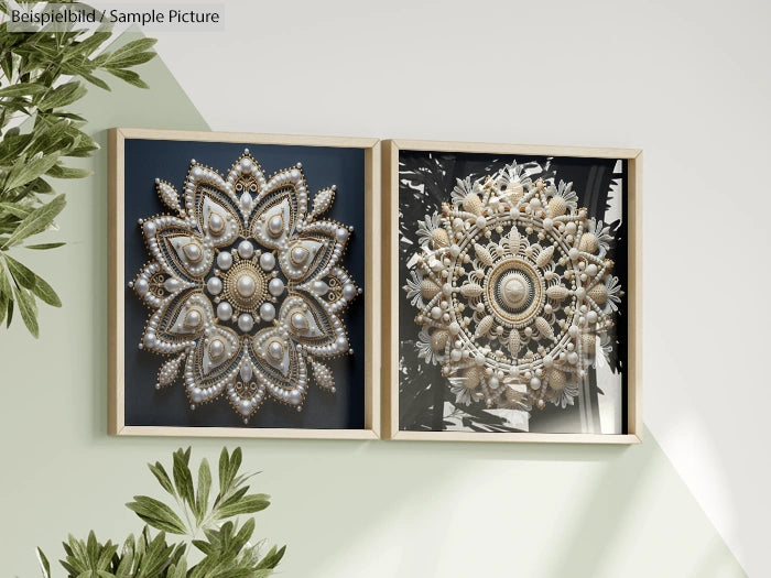 Two decorative mandala art pieces with intricate pearl designs in wooden frames, set against a light green wall.