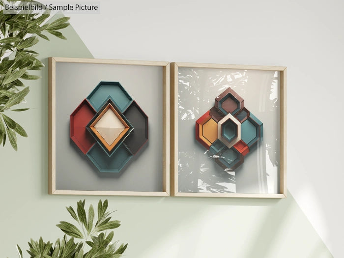 Two framed geometric artworks with colorful hexagons and squares on a light wall, surrounded by green foliage.