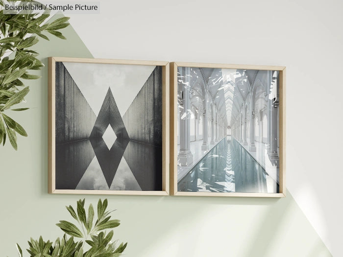 Framed architectural artworks on a wall, featuring geometric reflections and a grand hallway.