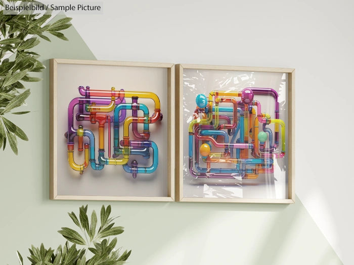 Two framed artworks with colorful geometric pipe designs on a wall near green leaves.