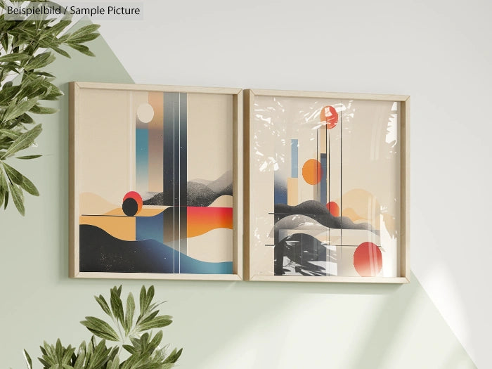 Abstract wall art featuring geometric shapes and bold colors in wooden frames on a pastel-colored wall with plant decor.