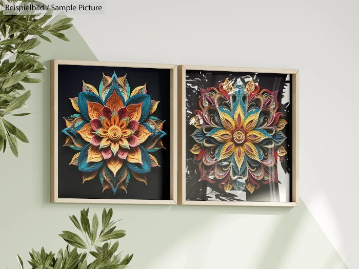 Two framed intricate floral designs on a wall, surrounded by green foliage.