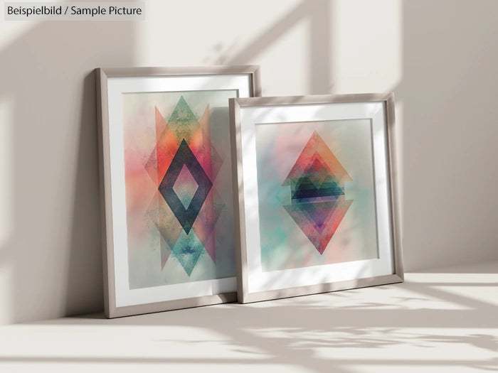 Two framed abstract geometric art prints with colorful diamond shapes leaning against a neutral wall.