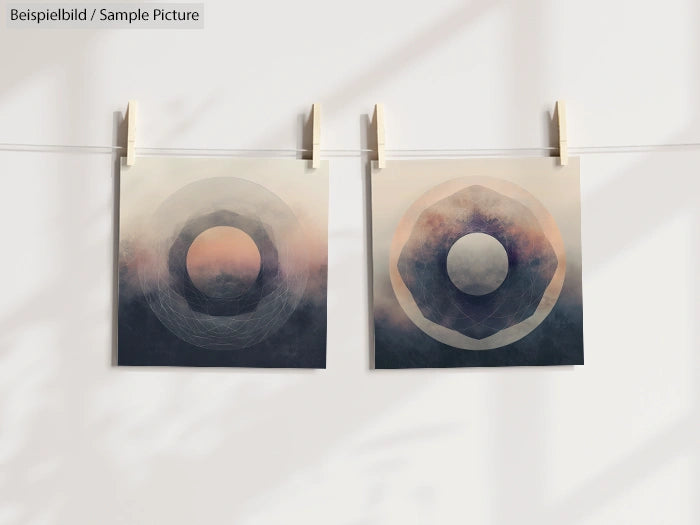 Two abstract circular artworks on a clothesline, each containing a central circle with layered textures and muted colors.