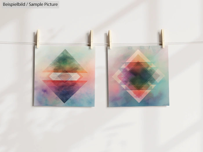 Two abstract geometric paintings with overlapping diamond shapes in pastel colors, hung on a line.