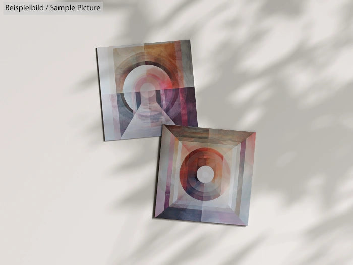 Two abstract paintings with circular and geometric shapes in muted tones, casting shadow on a light wall.