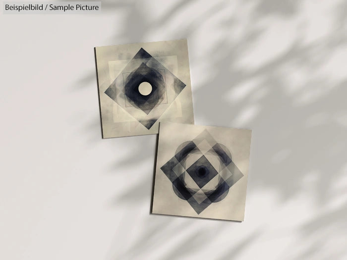 Two abstract geometric art pieces with layered black and grey patterns on a light background.