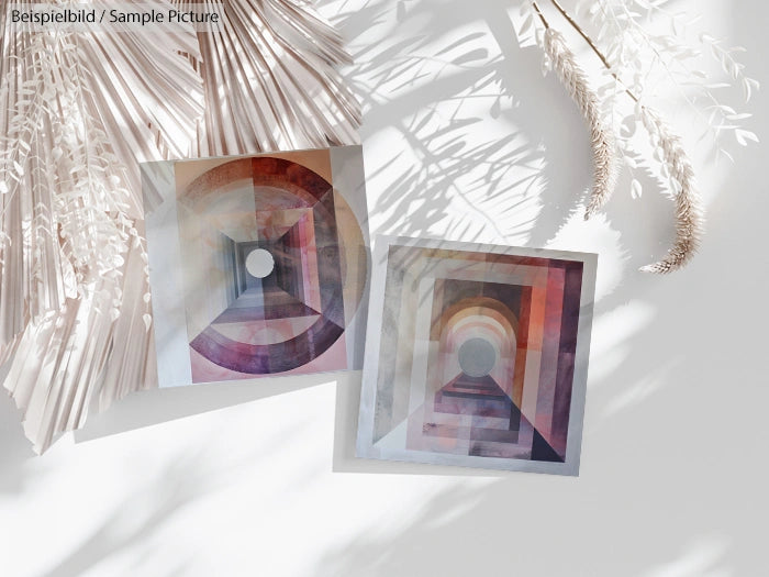 Geometric abstract art prints lying on a white surface with shadows of dried plants.