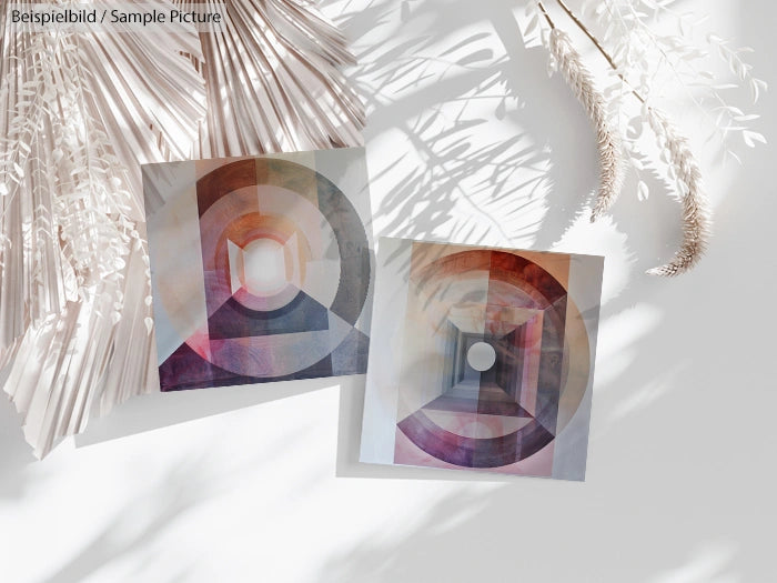 Two abstract geometric art prints with circular patterns in warm tones, placed on a surface with shadowed floral decor.