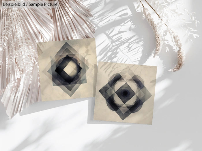 Two abstract geometric paintings with overlapping gray shapes on a light background, next to dried palm leaves.